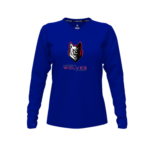 [CUS-DFW-TEES-CMF-VNK-LSL-RYL-FYXS-LOGO2] Decker Comfort T-Shirt (Female Youth XS, Royal, V Neck, Logo 2, Long Sleeve)