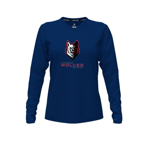 [CUS-DFW-TEES-CMF-VNK-LSL-NVY-FYXS-LOGO2] Decker Comfort T-Shirt (Female Youth XS, Navy, V Neck, Logo 2, Long Sleeve)