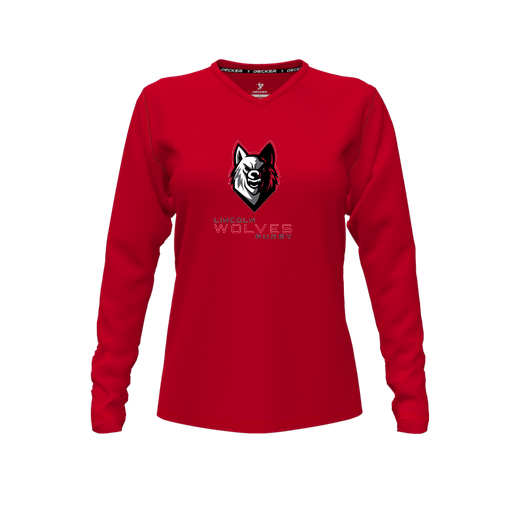 [CUS-DFW-TEES-PER-VNK-LSL-RED-FYXS-LOGO1] Performance T-Shirt (Female Youth XS, Red, V Neck, Logo 1, Long Sleeve)